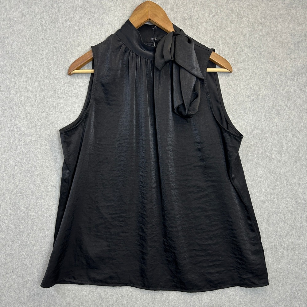 Worthington Size Large Blouse Black Mock Neck Side Tie Bow Sleeveless Satin